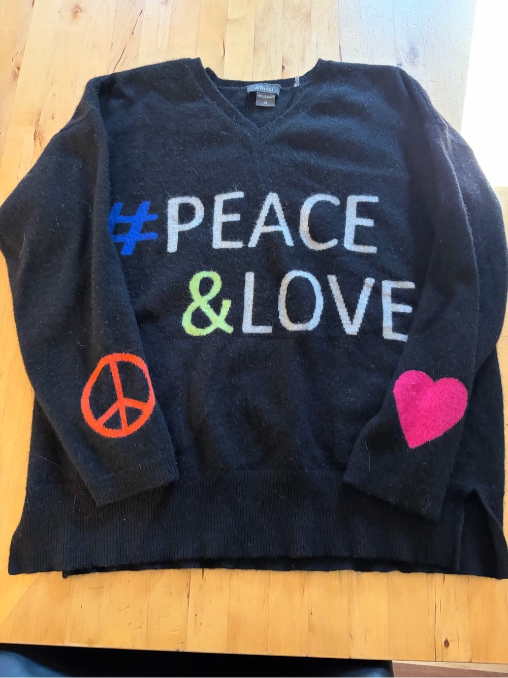 Peace & Love V-Neck Sweater - Black with Colorful Accents